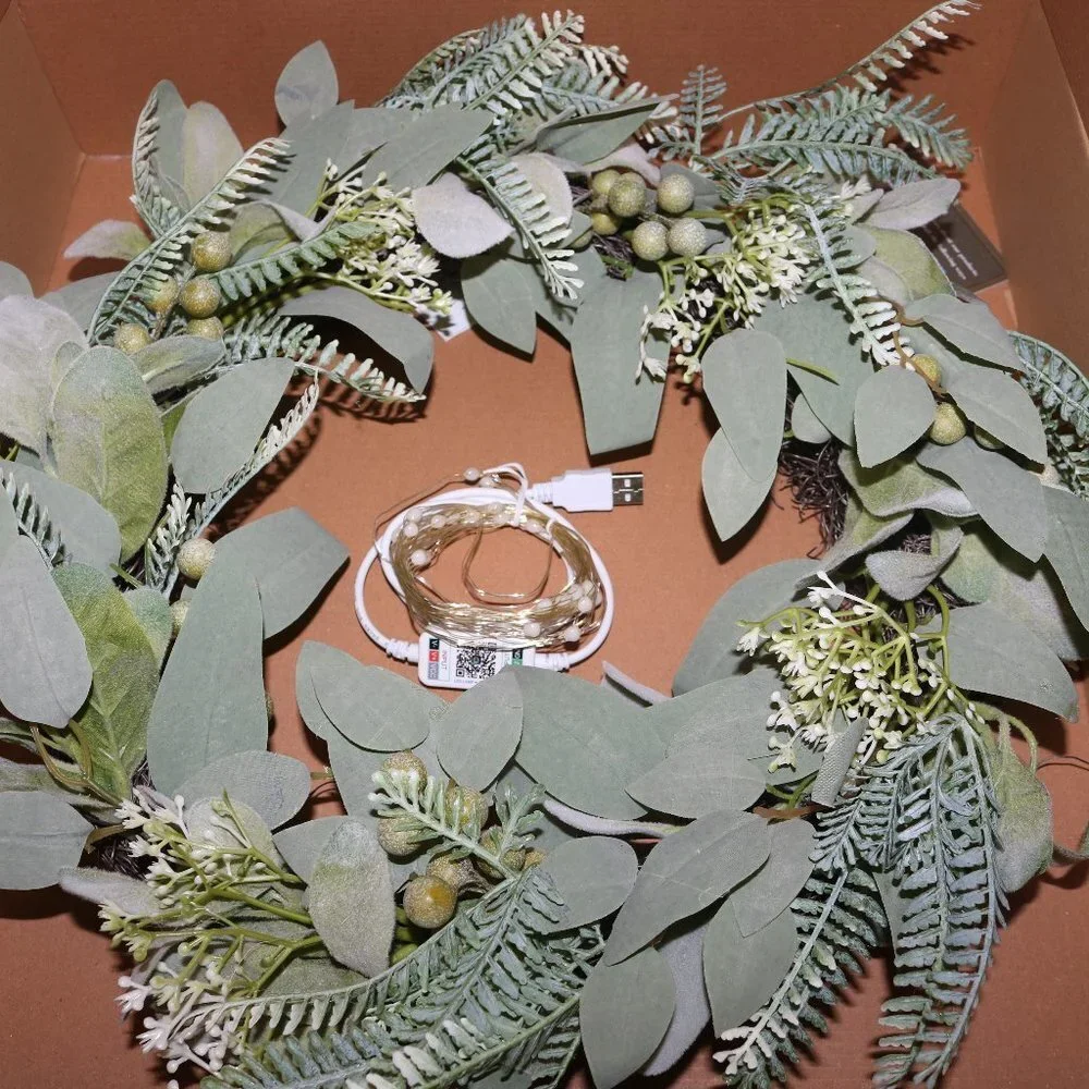 Artificial Eucalyptus wreath 14 inches wide new open box W/LED bluetooth lights